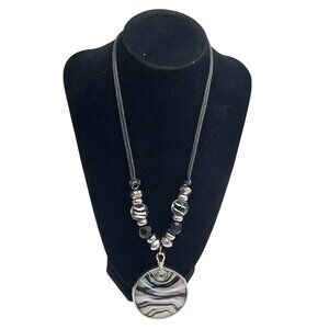 Artisan Black & White Zebra Pattern Pendant Necklace Glass Beads On Cord 24"
